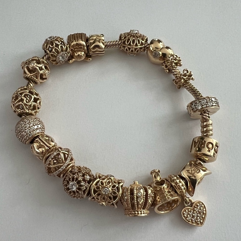 Authentic New Pandora 14k Gold and Diamond Charm Bracelet
